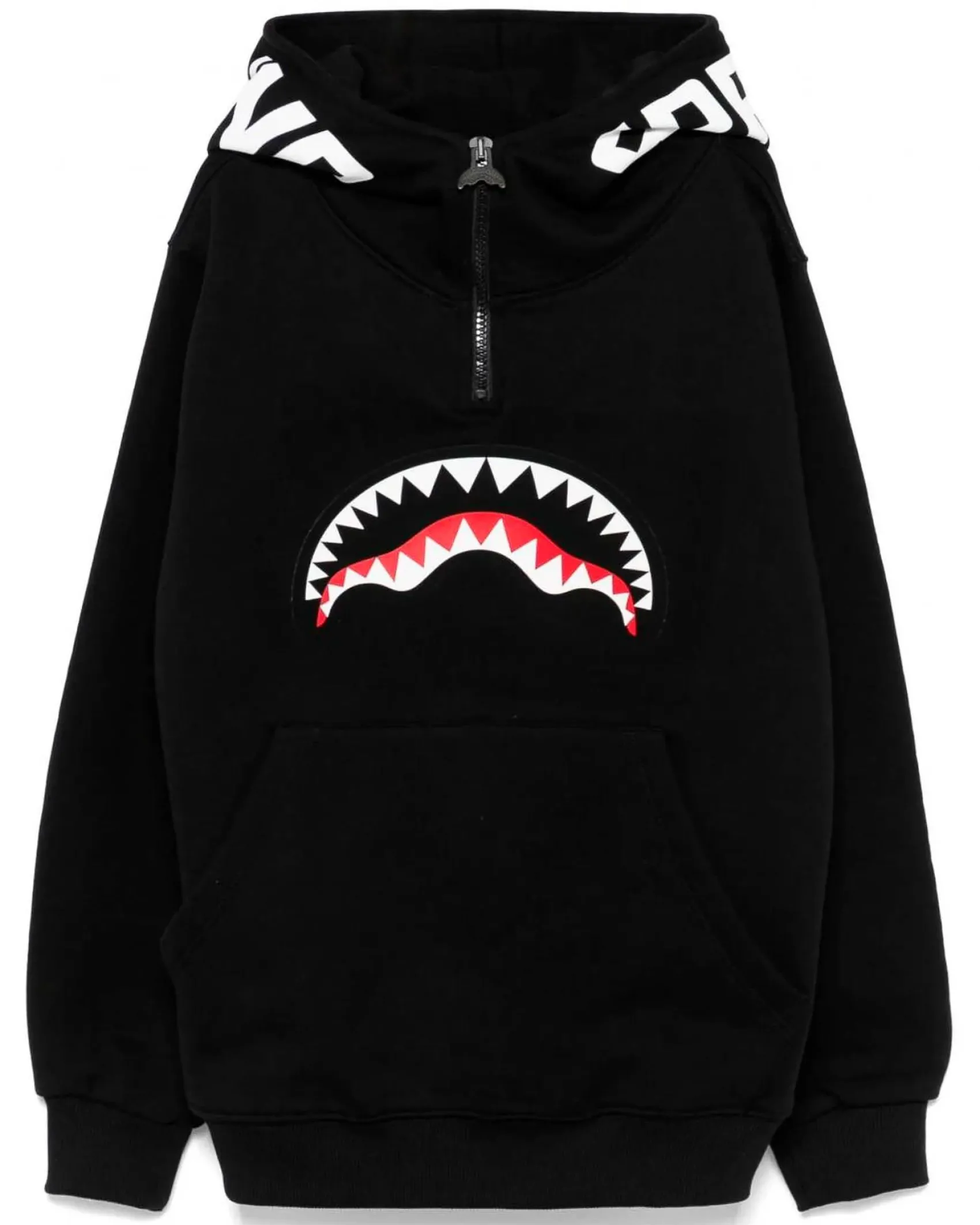Felpa nera in cotone con cappuccio e mezza zip