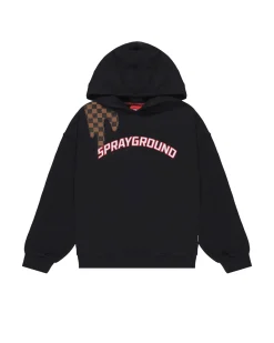 Felpa nera Sprayground con cappuccio e macchia checkered marrone e scritta logo