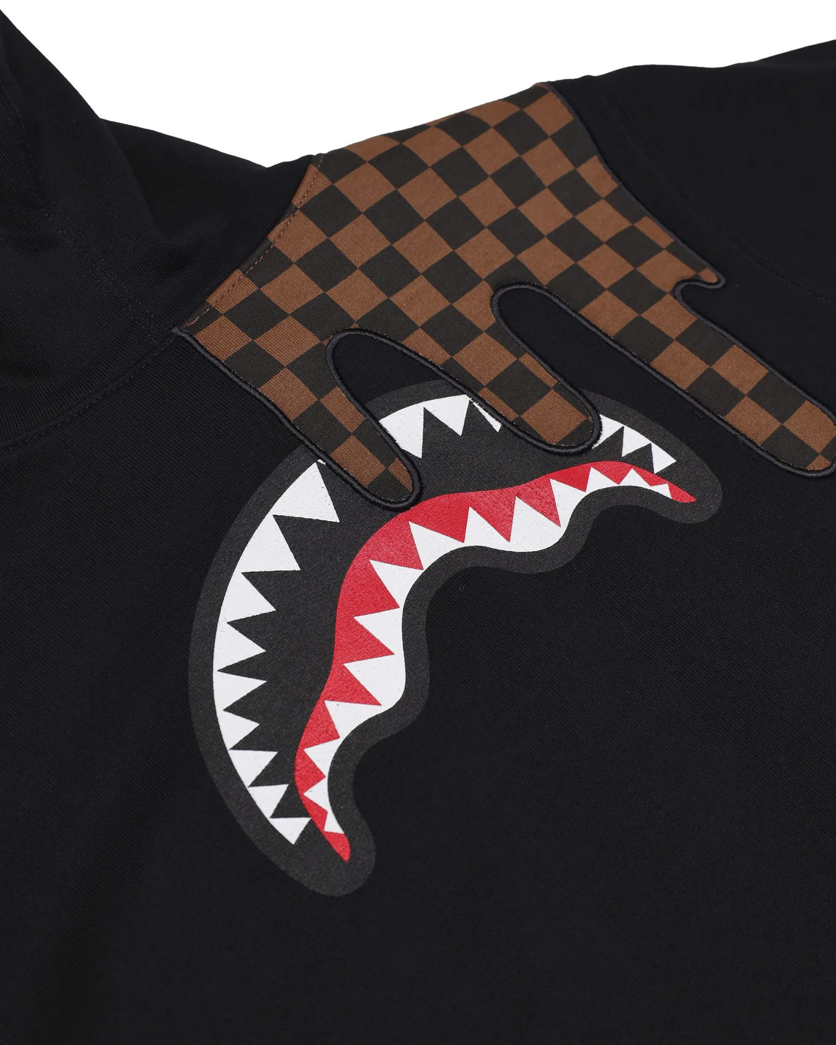 Felpa nera Sprayground con cappuccio e macchia checkered marrone e scritta logo