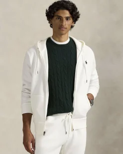 Felpa Polo Ralph Lauren bianca in interlock di cotone con cappuccio e chiusura zip