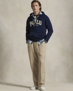 Felpa Polo Ralph Lauren blu in cotone con cappuccio chiusura zip e scritta 'POLO' in spugna davanti