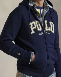 Felpa Polo Ralph Lauren blu in cotone con cappuccio chiusura zip e scritta 'POLO' in spugna davanti