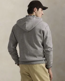 Felpa Polo Ralph Lauren grigia in cotone con cappuccio chiusura zip e scritta 'POLO' in spugna davanti
