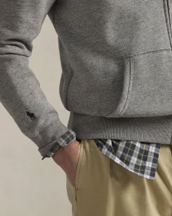 Felpa Polo Ralph Lauren grigia in cotone con cappuccio chiusura zip e scritta 'POLO' in spugna davanti