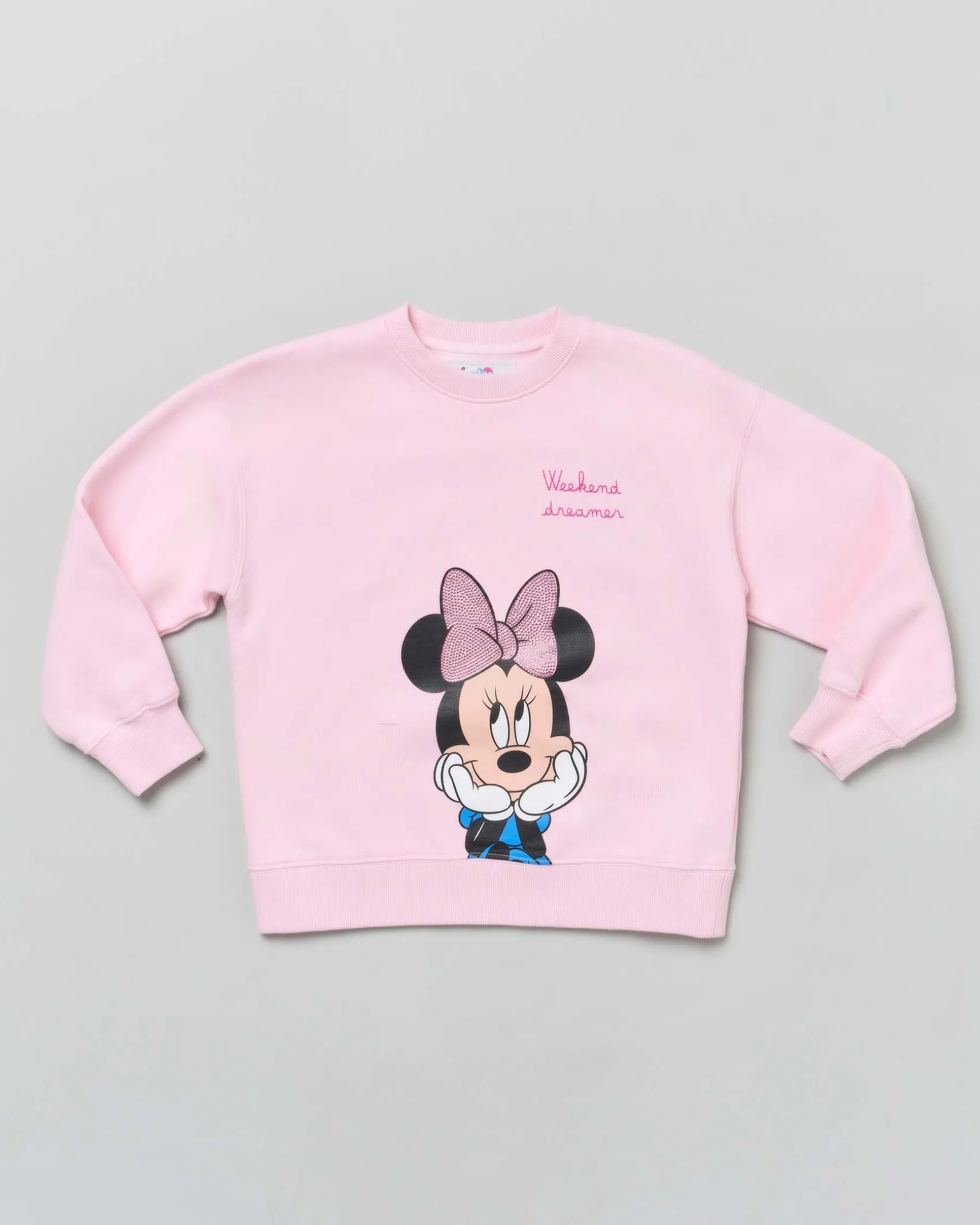 Felpa rosa MC2 Saint Barth girocollo in puro cotone con stampa Minnie e scritta Weekend Dreamer