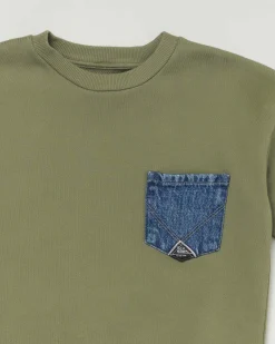 Felpa Roy Roger's verde militare girocollo in puro cotone con taschino jeans