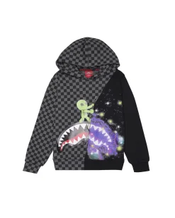 Felpa Sprayground nera e grigia checkered con cosmo e alieno