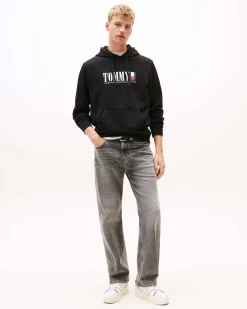 Felpa Tommy Jeans nera con cappuccio tasche a marsupio e logo stampato