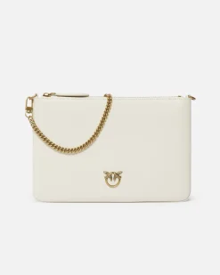 Flat Love bag in pelle liscia color avorio con tracolla removibile e logo dorato applicato