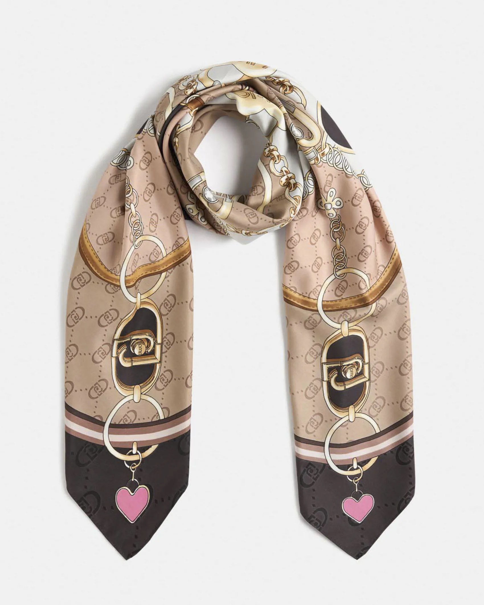 Foulard Liu Jo Accessories marrone con stampa catene e cuori
