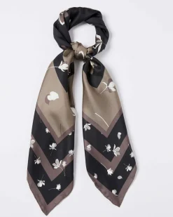 Foulard marrone e nero Marella in seta a stampa fiori bianchi