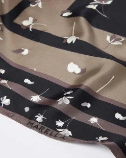 Foulard marrone e nero Marella in seta a stampa fiori bianchi