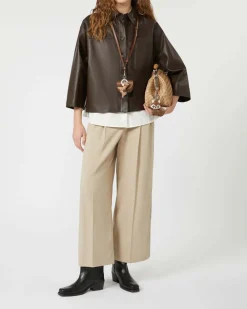 Giacca a camicia marrone in pelle Weekend Max Mara con taschino sul petto
