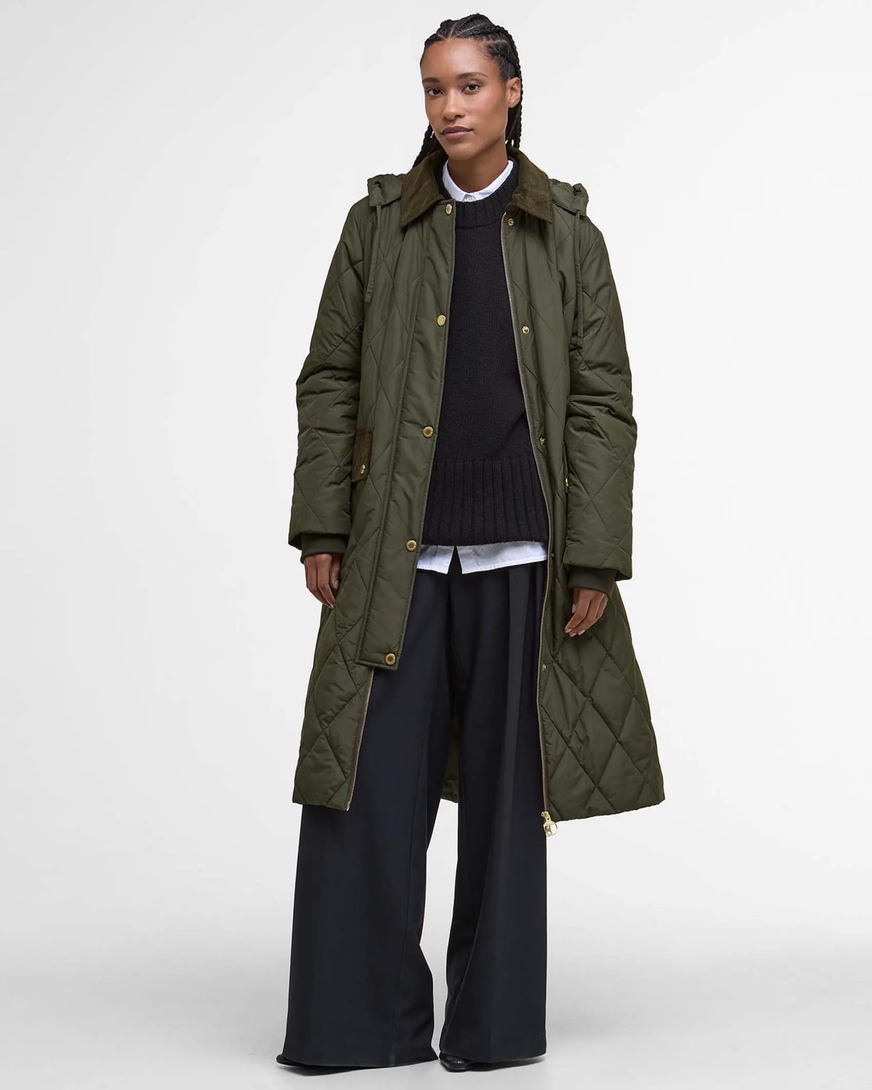 Giacca Barbour trapuntata Meredith Verde oliva con colletto in velluto a costine tono su tono e cappuccio rimovibile