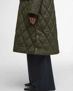 Giacca Barbour trapuntata Meredith Verde oliva con colletto in velluto a costine tono su tono e cappuccio rimovibile