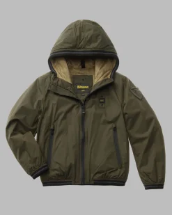 Giacca Blauer militare in nylon con cappuccio ed interno ecopelliccia cammello