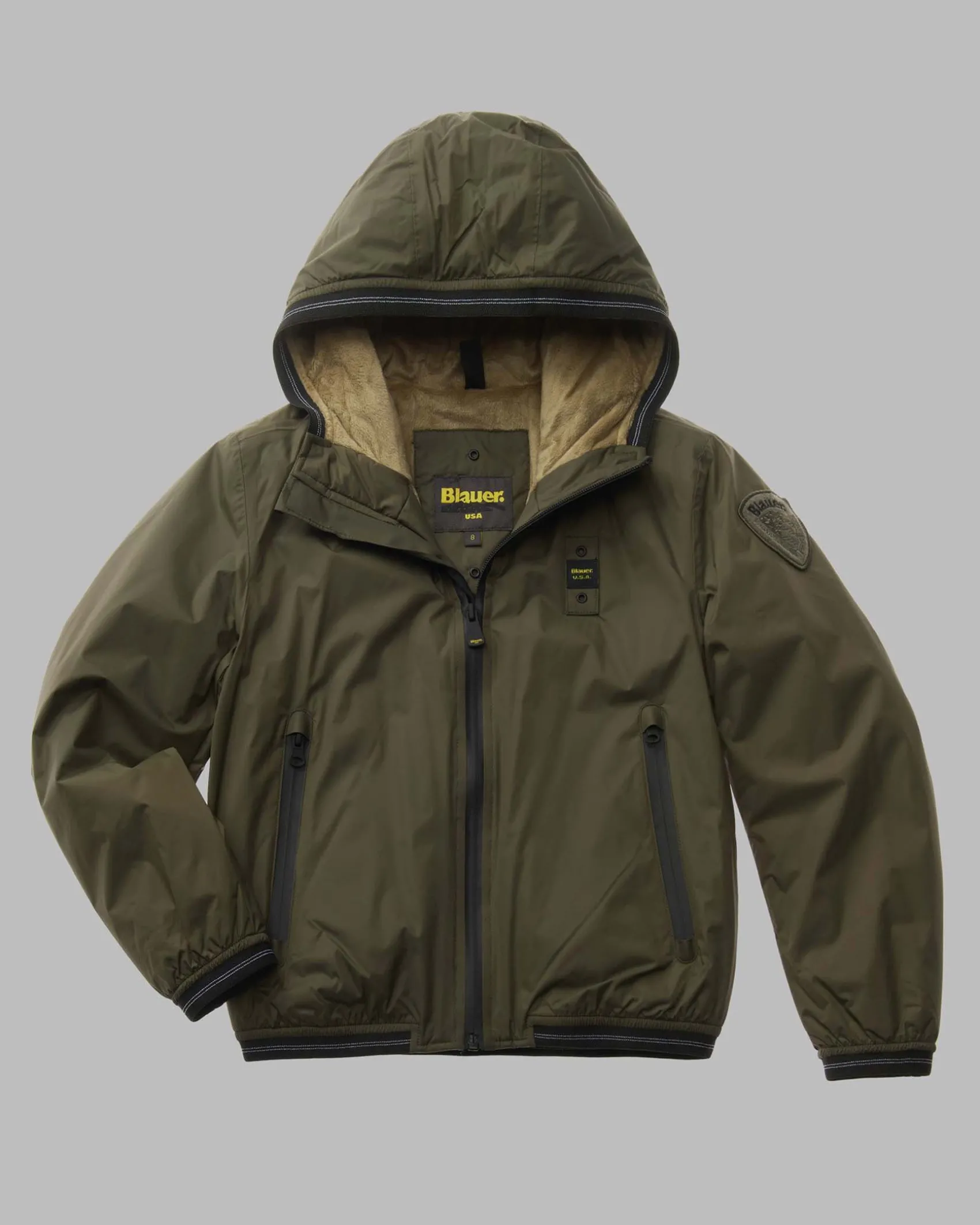 Giacca Blauer militare in nylon con cappuccio ed interno ecopelliccia cammello