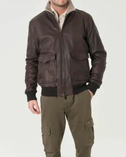 Giacca bomber Volfagli in vera pelle testa di moro con colletto interno in tessuto teddy