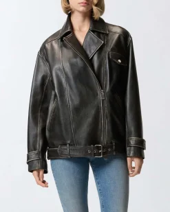 Giacca chiodo over stile biker Pinko color testa di moro in pelle effetto vintage con colletto a camicia