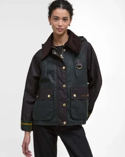Giacca corta Reighton Spey color block verde e militare con colletto marrone in velluto a costine e cappuccio con cordini