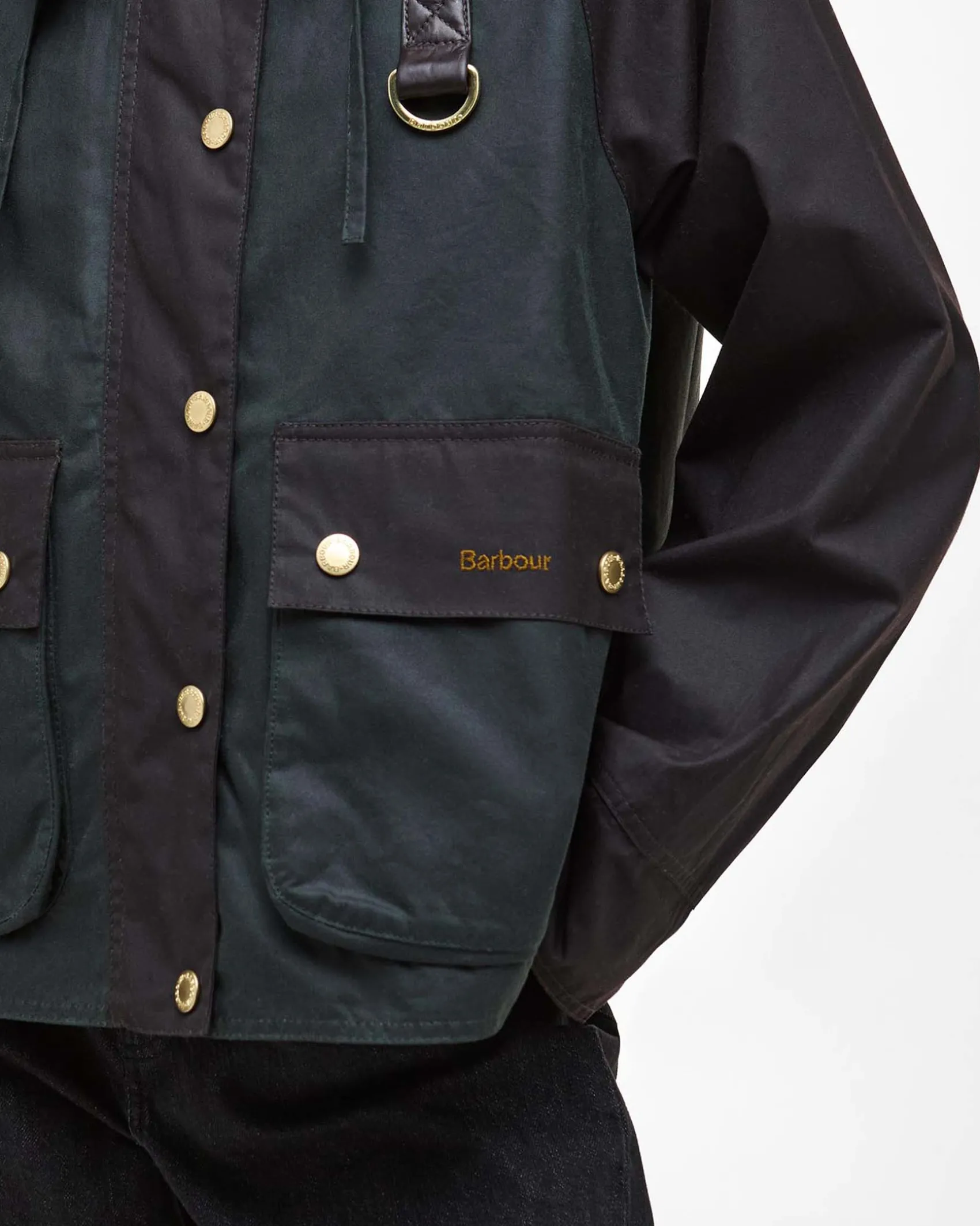 Giacca corta Reighton Spey color block verde e militare con colletto marrone in velluto a costine e cappuccio con cordini