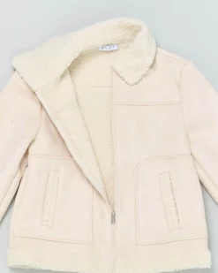 Giacca Elsy a camicia color panna in simil montone con chiusura a cerniera
