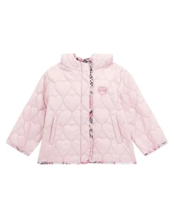 Giacca Guess rosa trapuntata a cuori con cappuccio ad orsetto