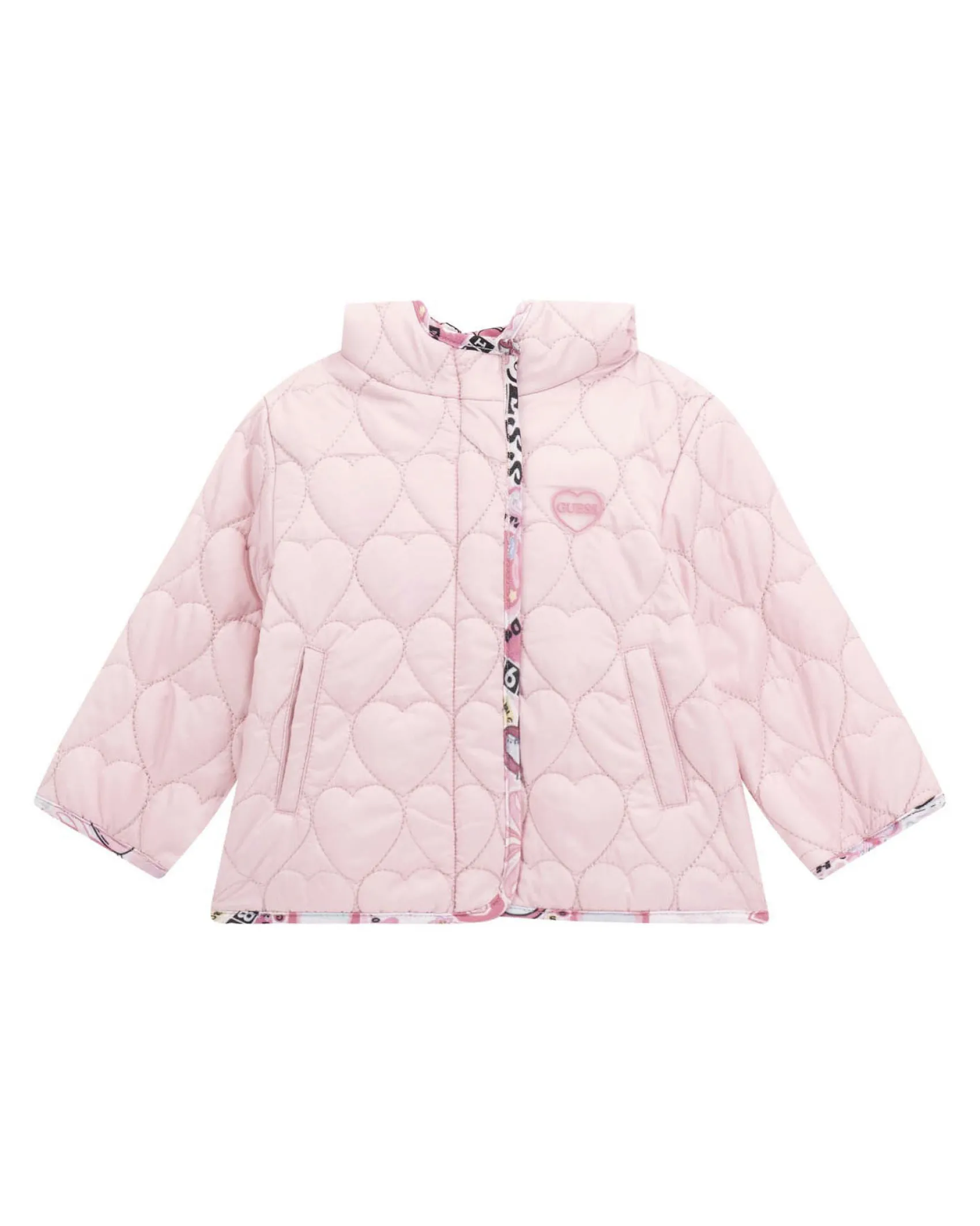 Giacca Guess rosa trapuntata a cuori con cappuccio ad orsetto
