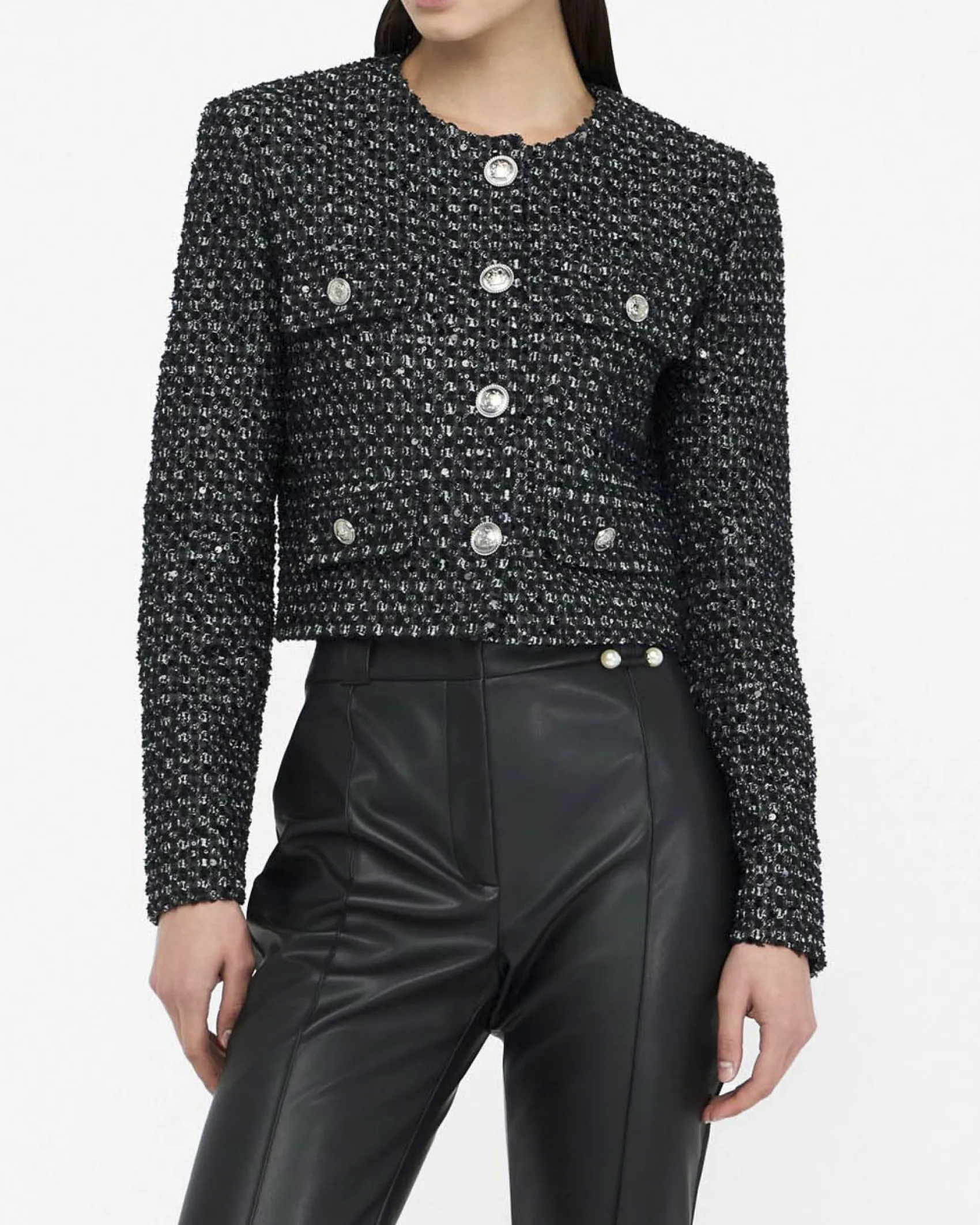 Giacca Liu Jo Jeans nera in bouclé con micro paillettes applicate
