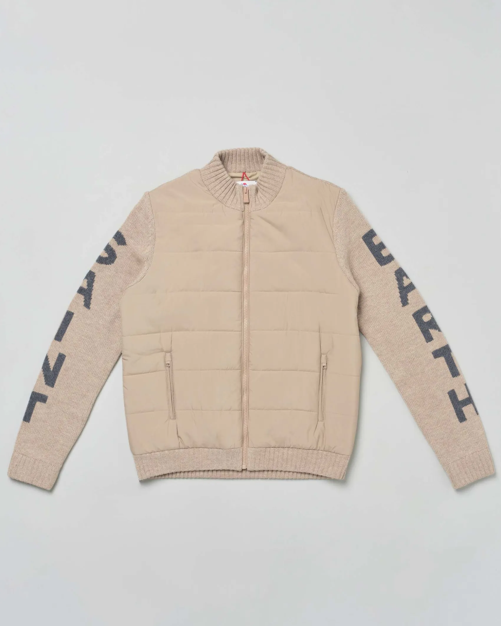 Giacca MC2 Saint Barth beige bi-tessuto in lana con inserto frontale in nylon imbottito e scritta logo sulle maniche