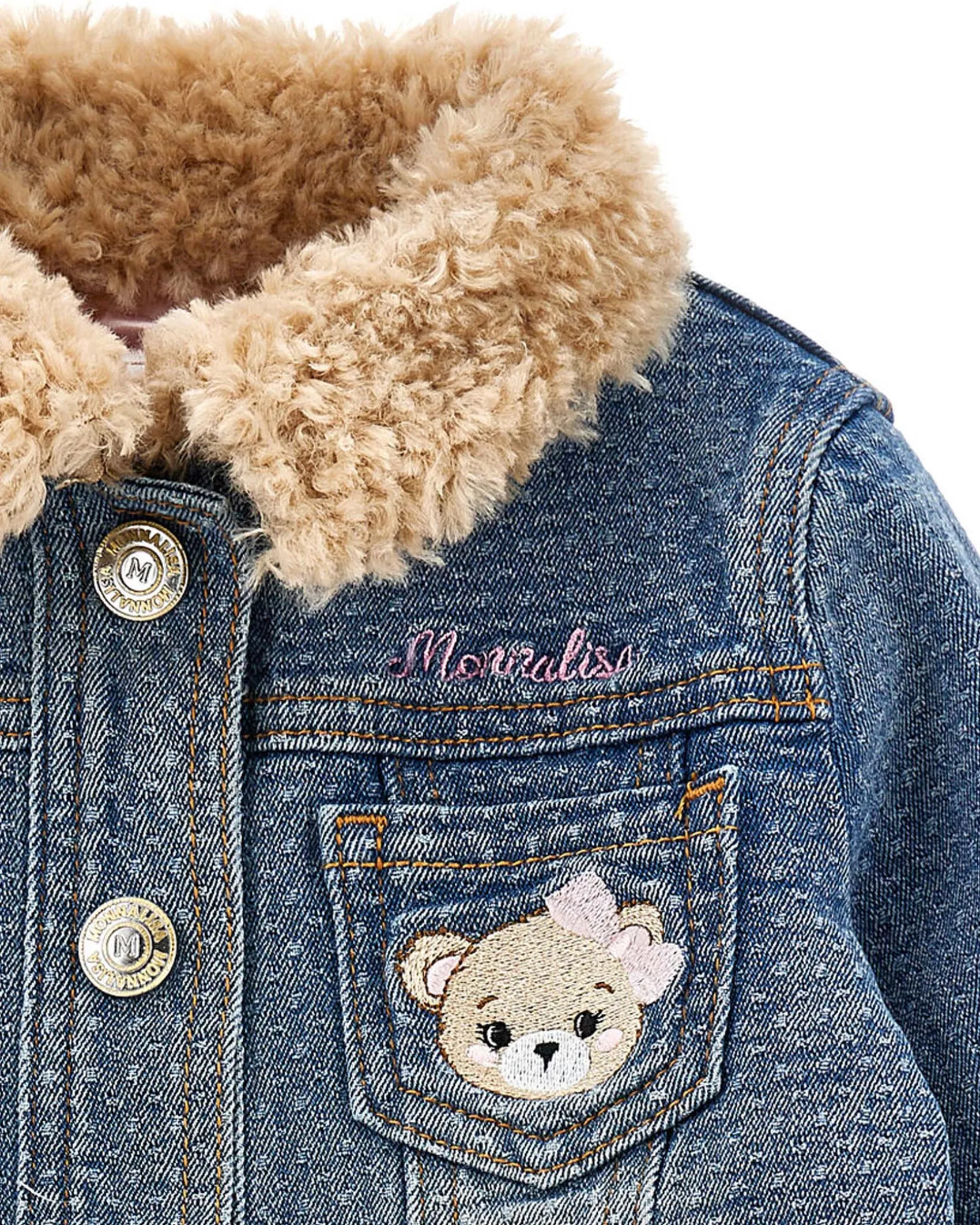 Giacca Monnalisa in denim di cotone stretch a lavaggio medio imbottita con profili teddy beige