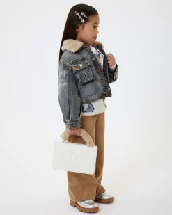 Giacca Monnalisa nera in denim di cotone stretch stone washed con colletto teddy beige