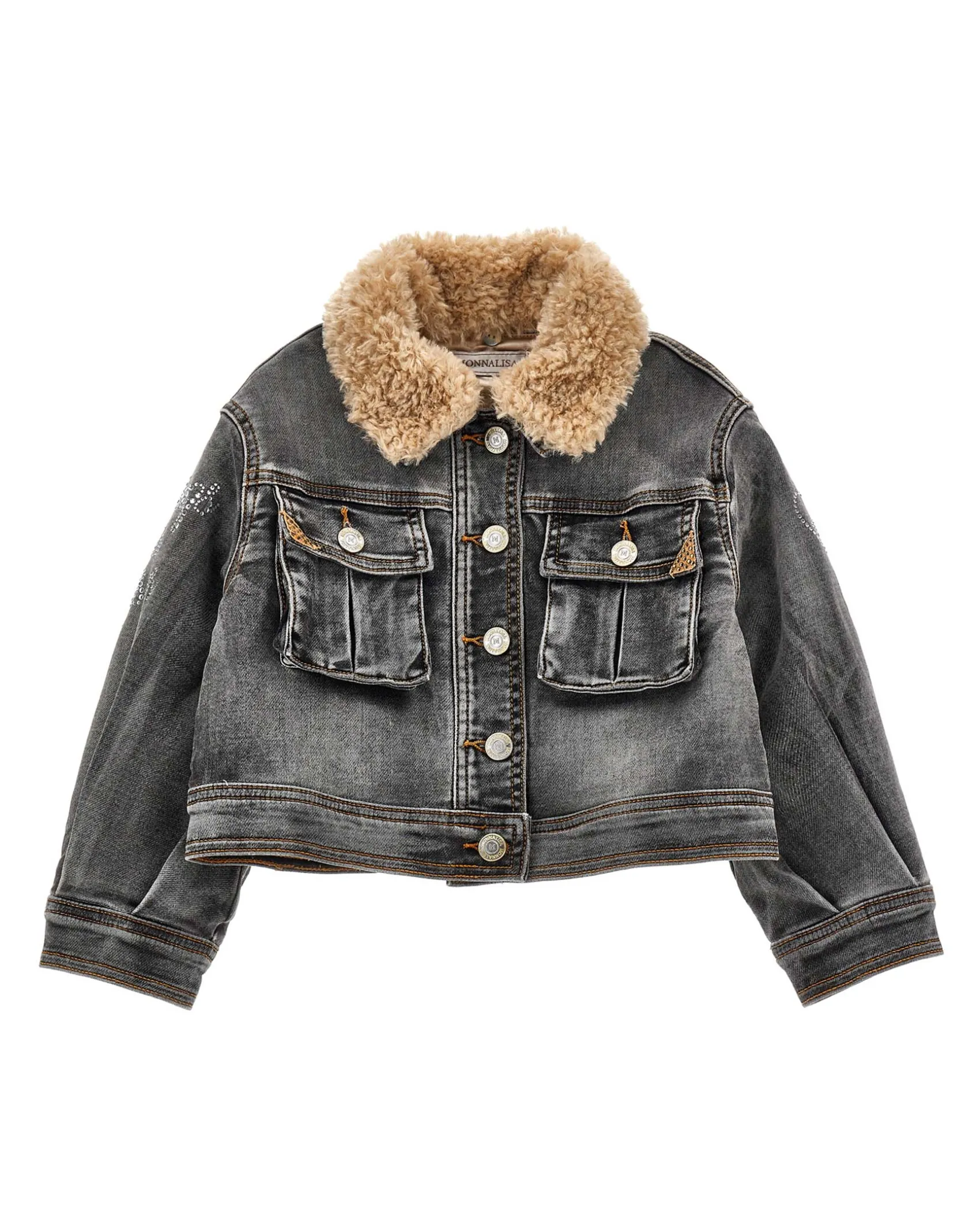 Giacca Monnalisa nera in denim di cotone stretch stone washed con colletto teddy beige