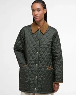 Giacca over trapuntata Barbour verde oliva modello Liddesdale con colletto in velluto a coste colore cammello