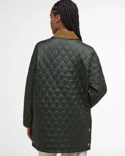 Giacca over trapuntata Barbour verde oliva modello Liddesdale con colletto in velluto a coste colore cammello