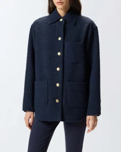 Giacca oversize blu Pinko in bouclé di misto cotone con colletto a camicia e tasche applicate
