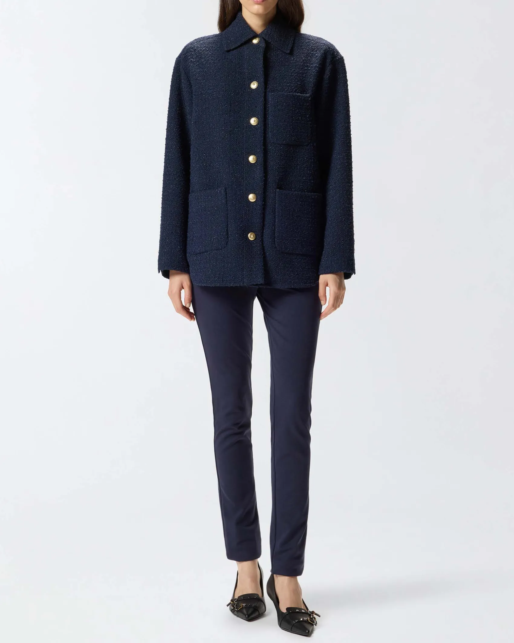 Giacca oversize blu Pinko in bouclé di misto cotone con colletto a camicia e tasche applicate