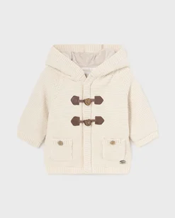 Giacca panna in cotone tricot con cappuccio ed alamari