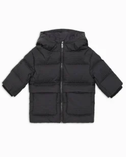 Giaccone Emporio Armani blu in nylon imbottito con cappuccio e logo all-over