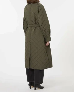 Giaccone lungo trapuntato verde militare Weekend Max Mara in taffetà antigoccia con colletto a velluto a coste