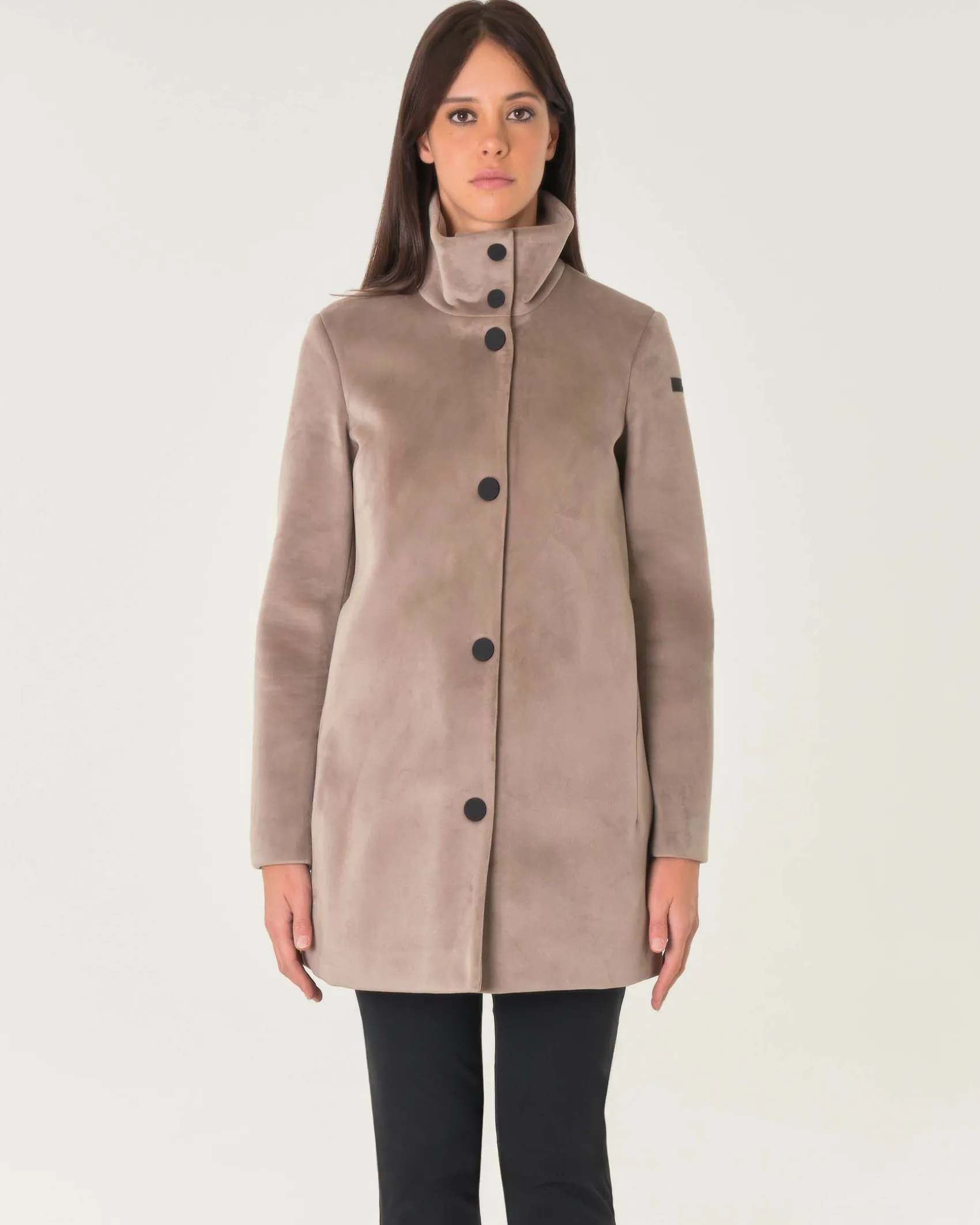 Giaccone Velvet in jersey di velluto color taupe con colletto in piedi