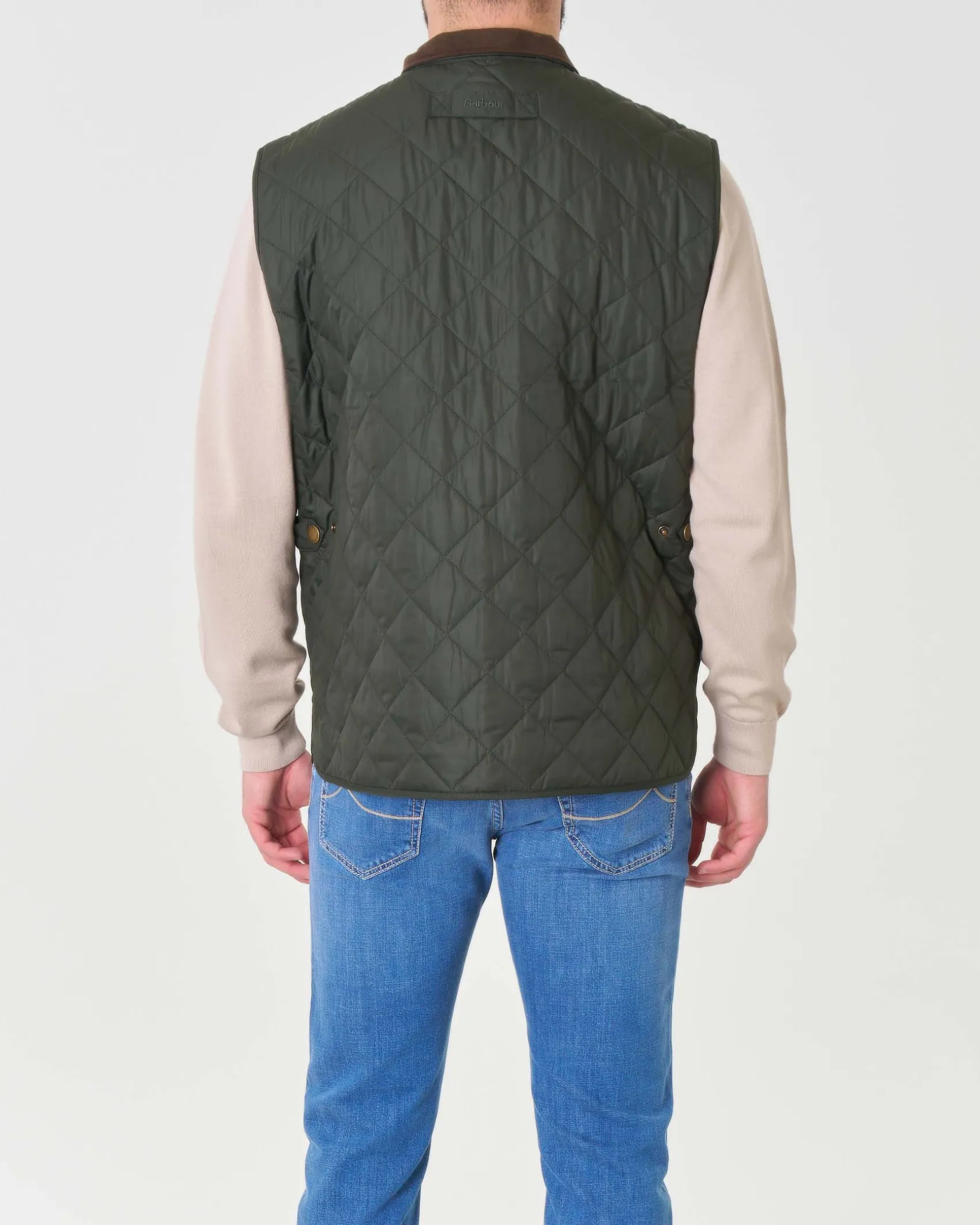 Gilet Barbour Lowerdale verde scuro trapuntato a rombi con colletto in velluto marrone