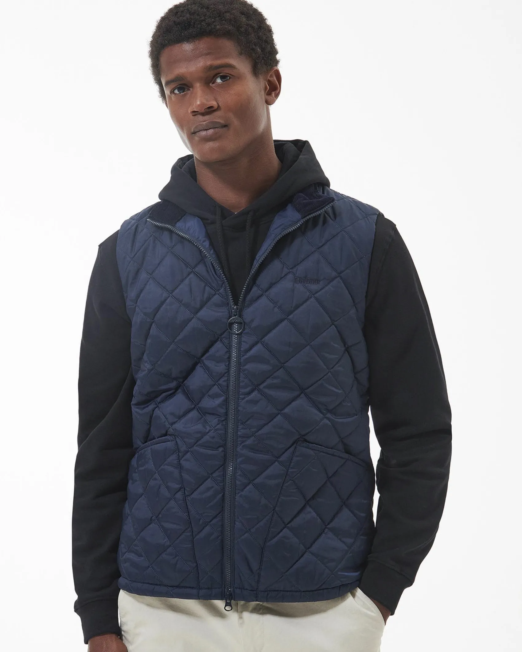 Gilet Barbour Monty blu trapuntato a rombi con colletto in velluto