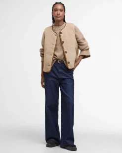 Gilet beige in pile Barbour modello Luciana con profili in velluto a coste colore cammello
