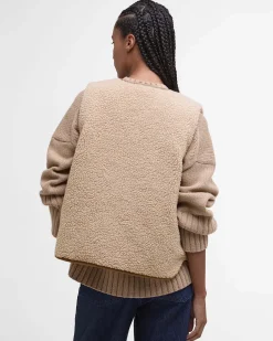 Gilet beige in pile Barbour modello Luciana con profili in velluto a coste colore cammello