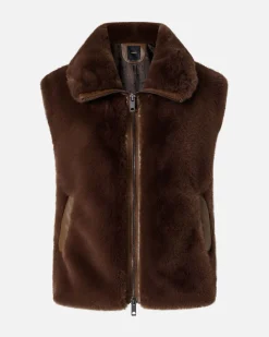 Gilet color testa moro Pinko in ecopelliccia con maniche ad aletta e profili in similpelle tono su tono