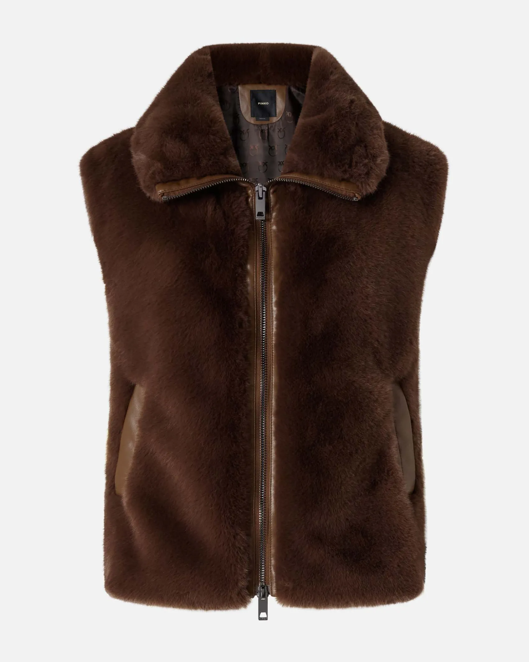 Gilet color testa moro Pinko in ecopelliccia con maniche ad aletta e profili in similpelle tono su tono
