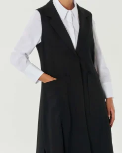 Gilet lungo nero in tricot di viscosa senza maniche con scollo a rever