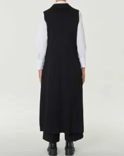 Gilet lungo nero in tricot di viscosa senza maniche con scollo a rever