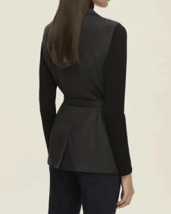 Gilet midi Emme Marella grigio antracite in flanella leggera di misto lana con scollo a rever e cintura in vita